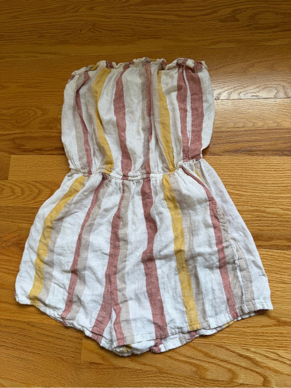 Striped Strapless Linen Romper in White, Rust & Mustard
